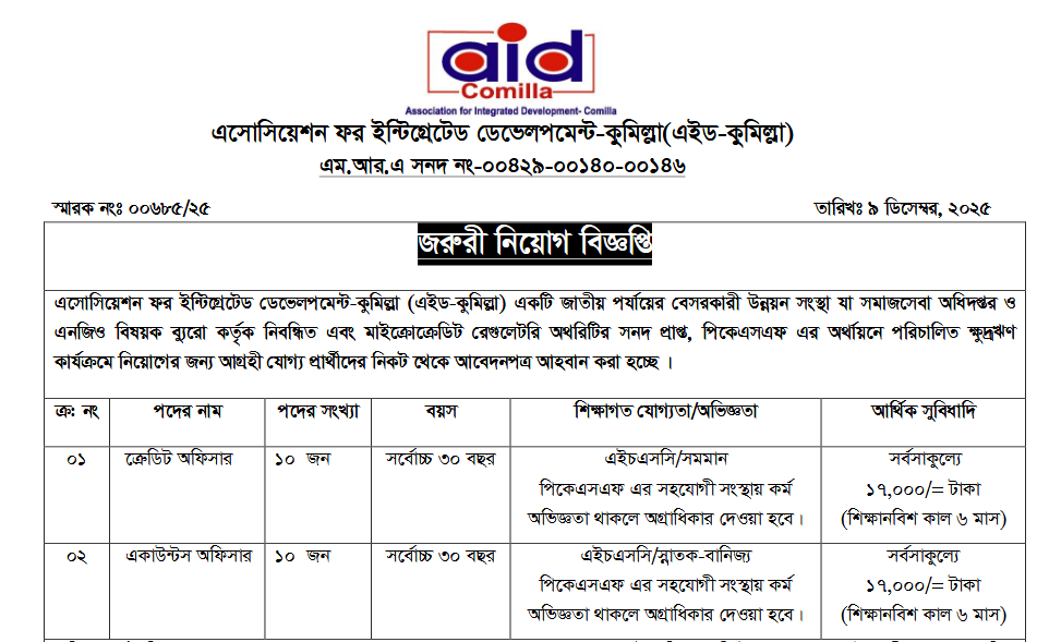 জরুরী নিয়োগ বিজ্ঞপ্তি