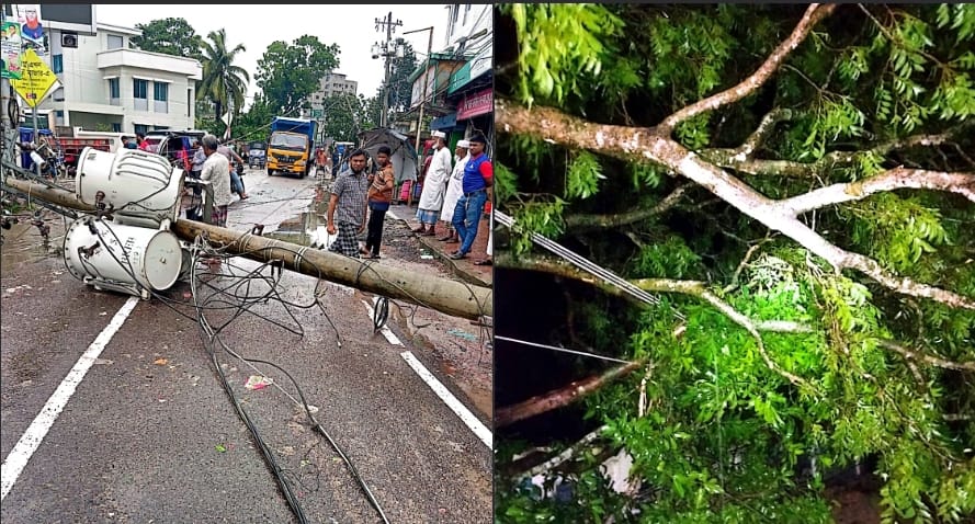 ঘূর্ণিঝড়ের প্রভাবে ঝোড়ো হাওয়ায় বিভিন্ন এলাকায় বৈদ্যুতিক খুঁটি উপড়ে পড়ায় বিদ্যুৎবিচ্ছিন্ন